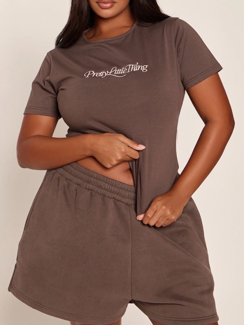 NWT Women’s Plus Size Pretty Little Thing Slogan Sweat Shorts - Chocolate - XXL